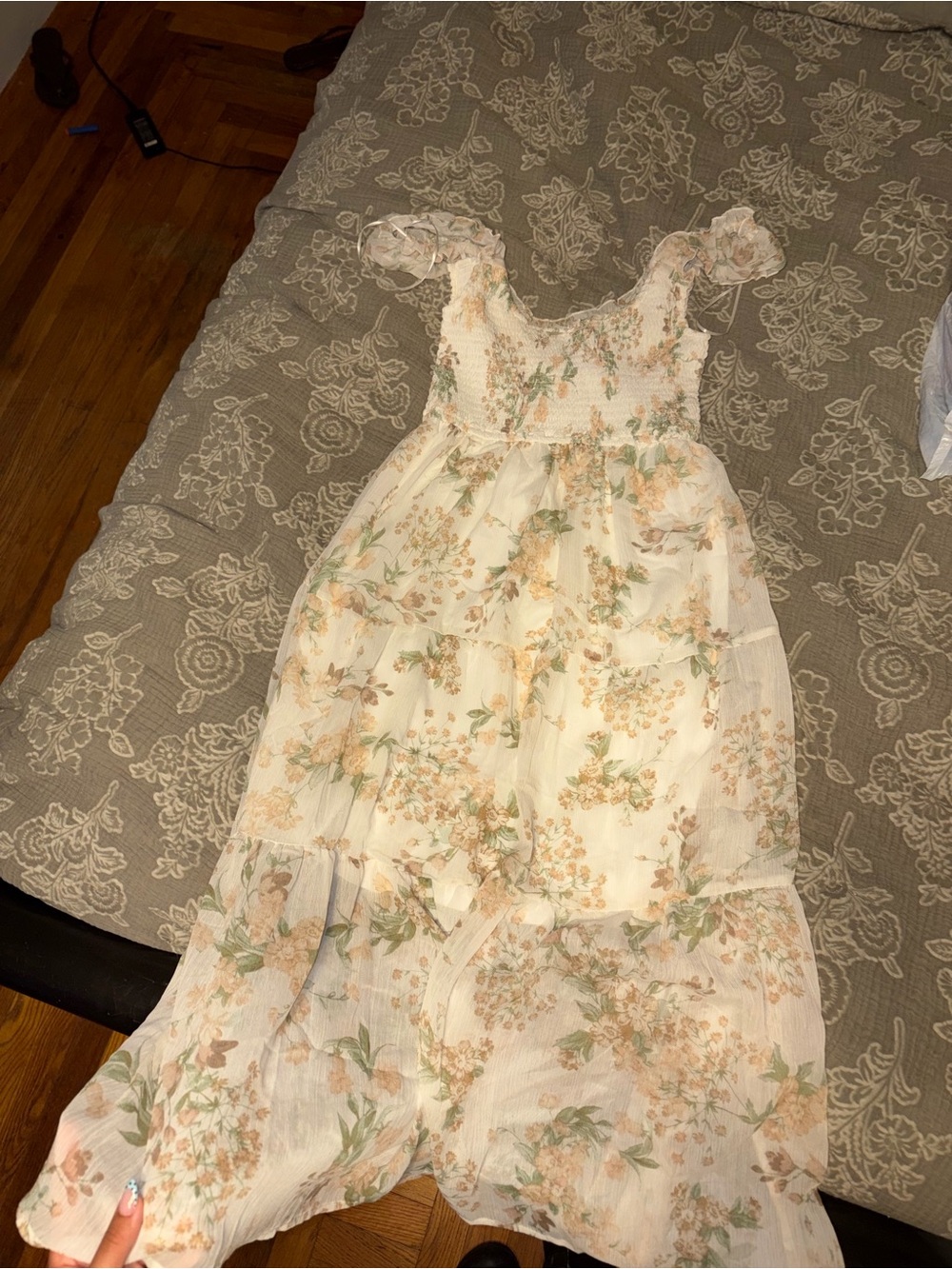 Cream Floral Chiffon Maxi Dress